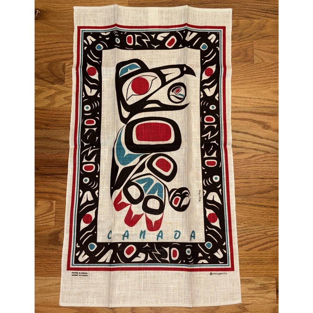 Vintage Linen Tea Towel Canada Inuit Bird Magenta Jocelyn Mange 28x 16” NEW